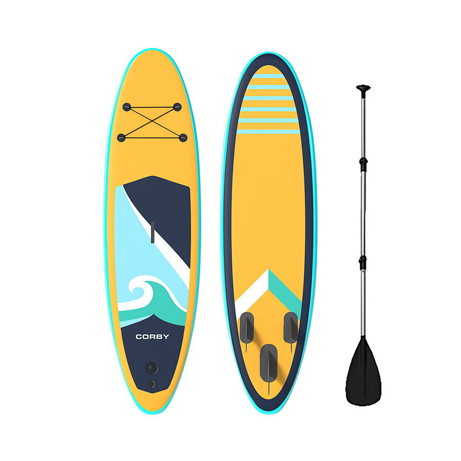 Siyan kenarlı iki sarı paddleboard, bir kürek. Bir tahtada dalga deseni, diğerinde yüzgeçler var. Hepsi beyaz zemin üzerinde.