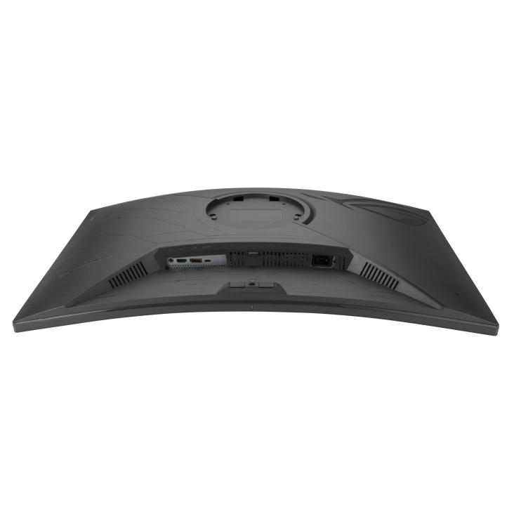 Die Rückseite eines gebogenen, dunkelgrauen Gaming-Monitors mit Anschlüssen und Belüftung.