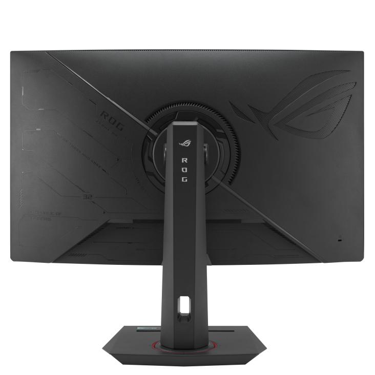 Rückansicht eines schwarzen ROG-Gaming-Monitors mit dekorativen Markierungen und einem Ständer.