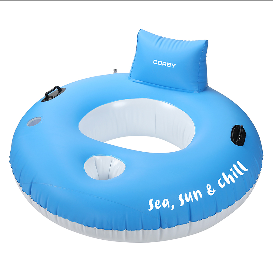 Sırt dayama yeri, bardak tutucu ve "Sea, sun & chill" yazılı mavi şişme havuz simidi.