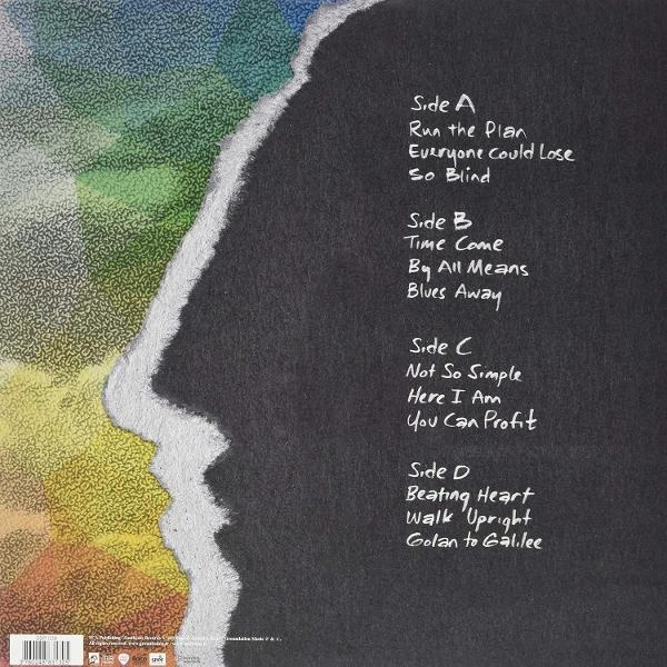 Albumcover mit Titelliste auf dunklem Hintergrund, zerrissener Rand zeigt farbenfrohen Hintergrund. Seite A bis D mit Titeln gelistet.