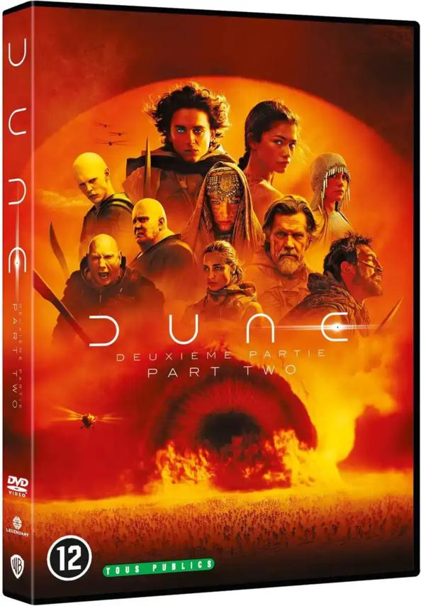 DVD cover of Dune: Part Two. Features multiple actors, the movie title, and an orange background with flames and a spaceship.