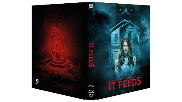 DVD-Hülle für 'It Feeds'. Zeigt eine Frau vor einem Haus, eine rot beleuchtete Struktur und den Titel. Dunkle, ominöse Atmosphäre.