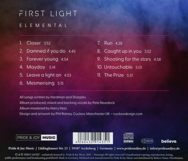CD-Cover mit Titelliste, Albumtitel 'Elemental' von First Light und Pride & Joy Music Logo. Informationen zu Produktion und Vertrieb.