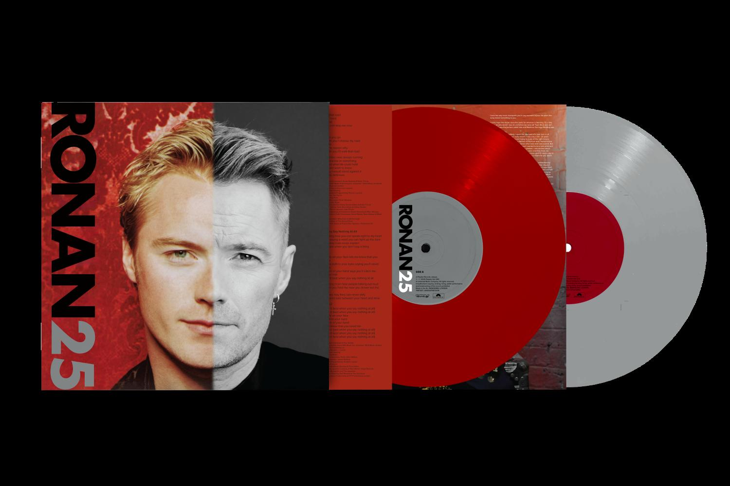 Albumcover mit Ronan Keatings Porträt, geteiltes Gesicht. Rote und graue Vinyl-Schallplatten sind sichtbar.