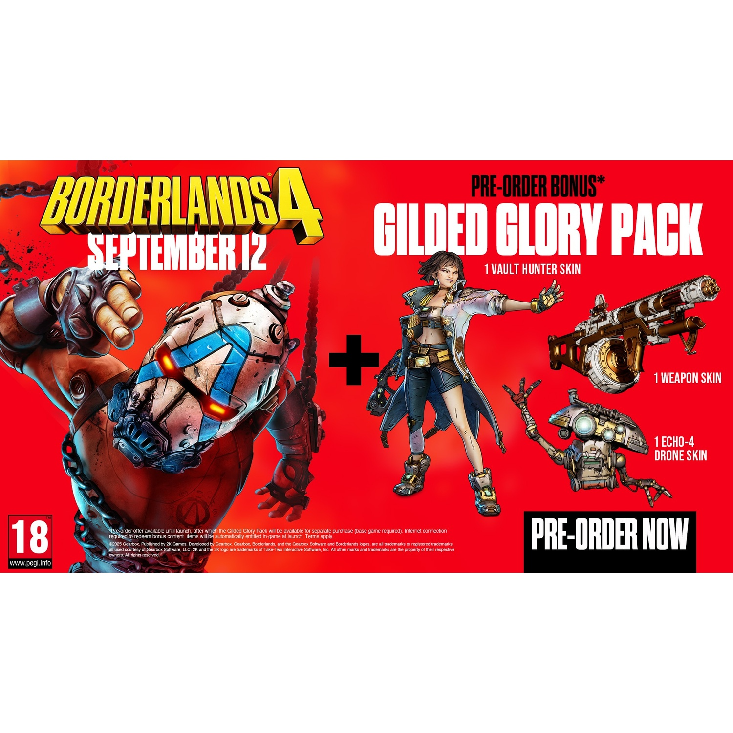 Annuncio del gioco Borderlands 4. Presenta personaggi, armi e una grafica del pacchetto bonus pre-ordine.