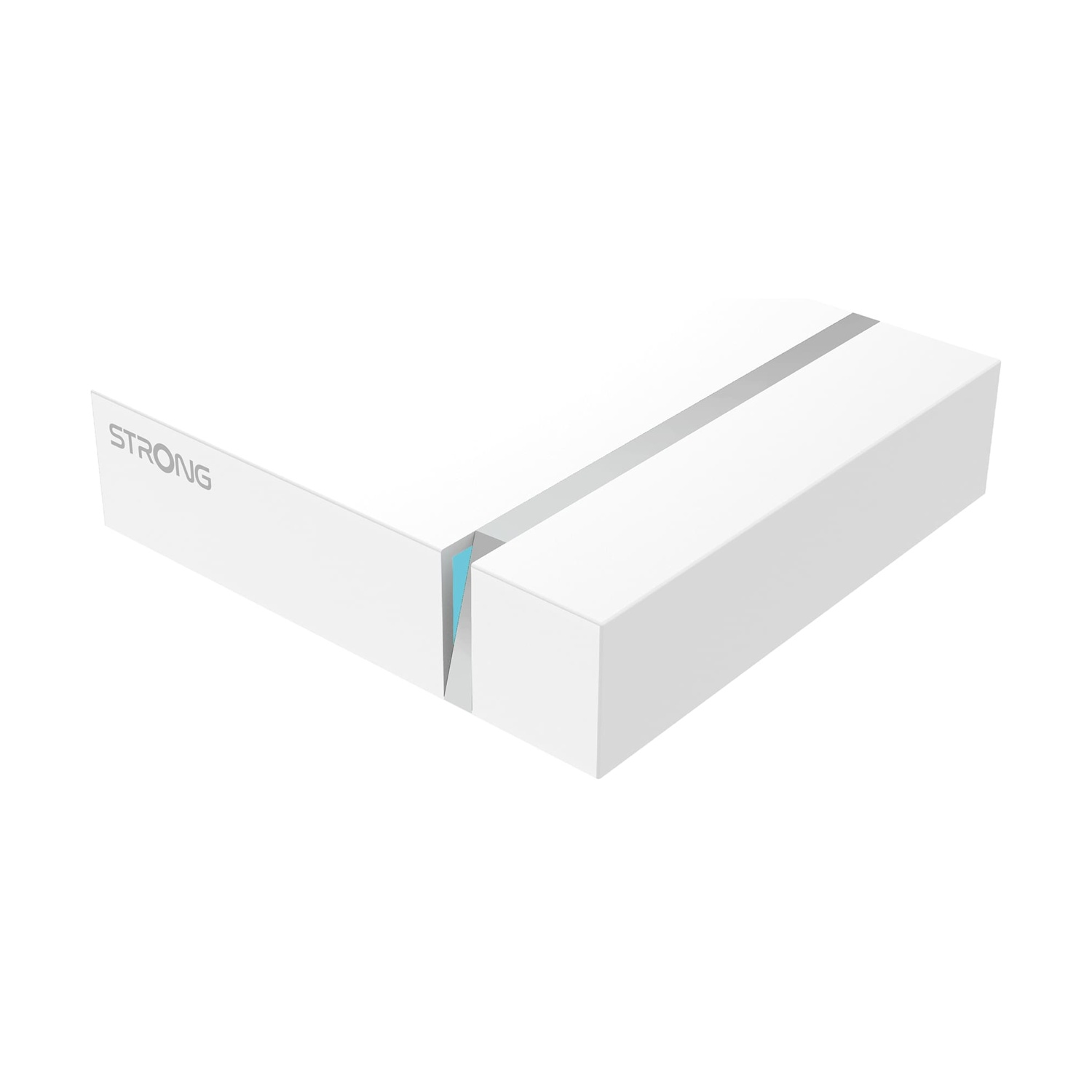 Un dispositivo bianco con "STRONG" sul lato. Una striscia argentata corre lungo la parte superiore. È visibile una sezione blu.