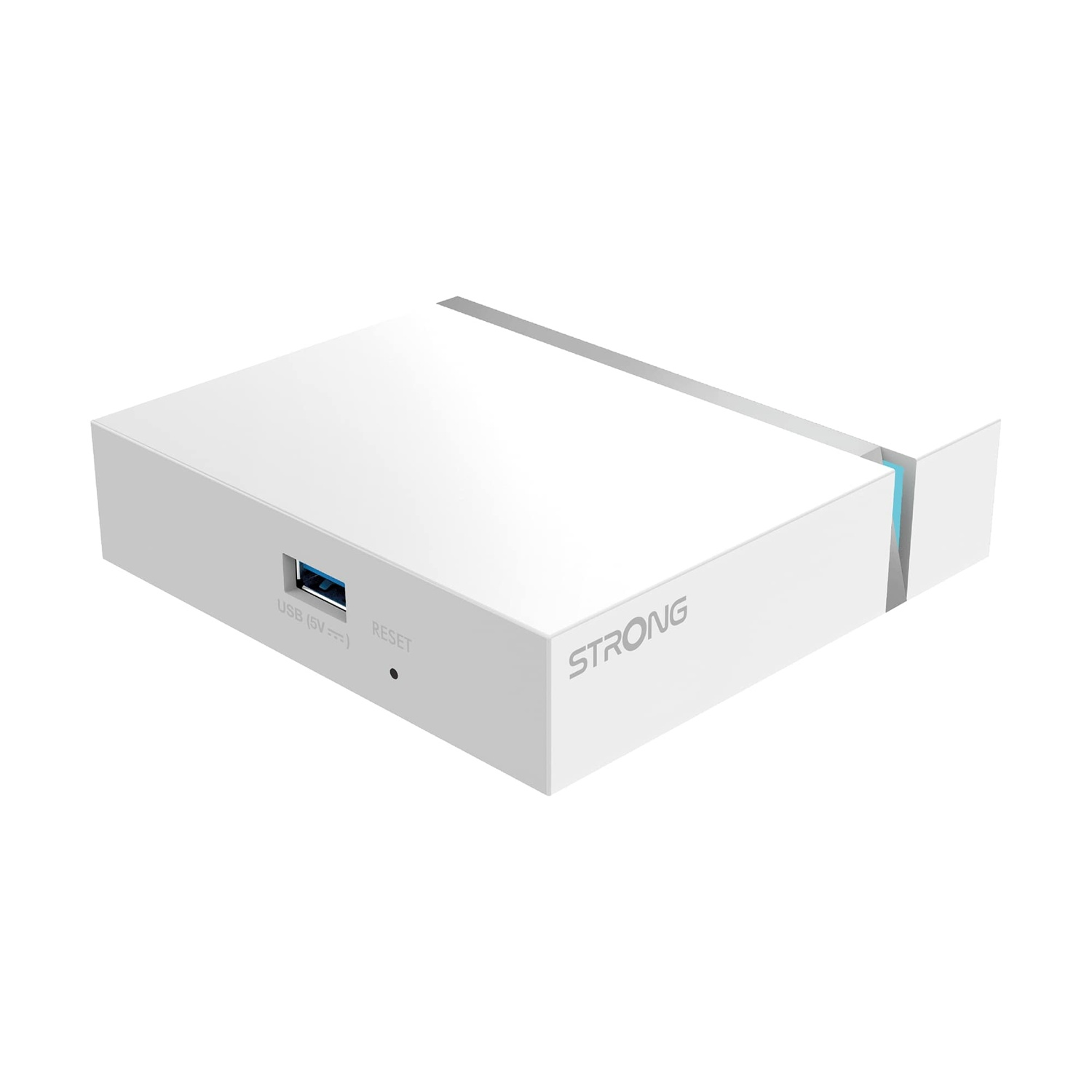 Un dispositivo rettangolare bianco con la scritta STRONG, una porta USB e un pulsante di ripristino. È su sfondo bianco.