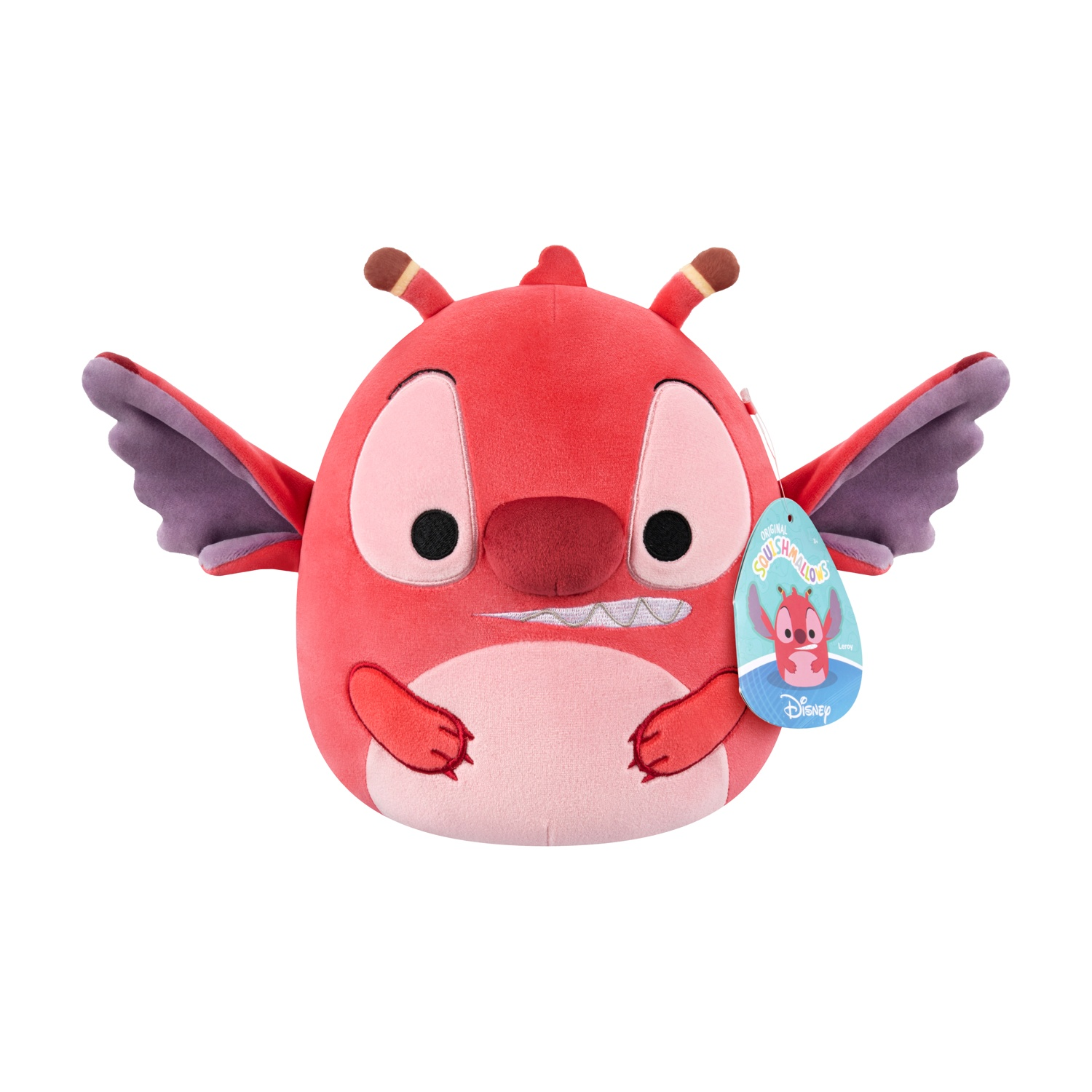 Un peluche rosso di Leroy con ali e corna. Ha un'etichetta Disney. È uno Squishmallow.