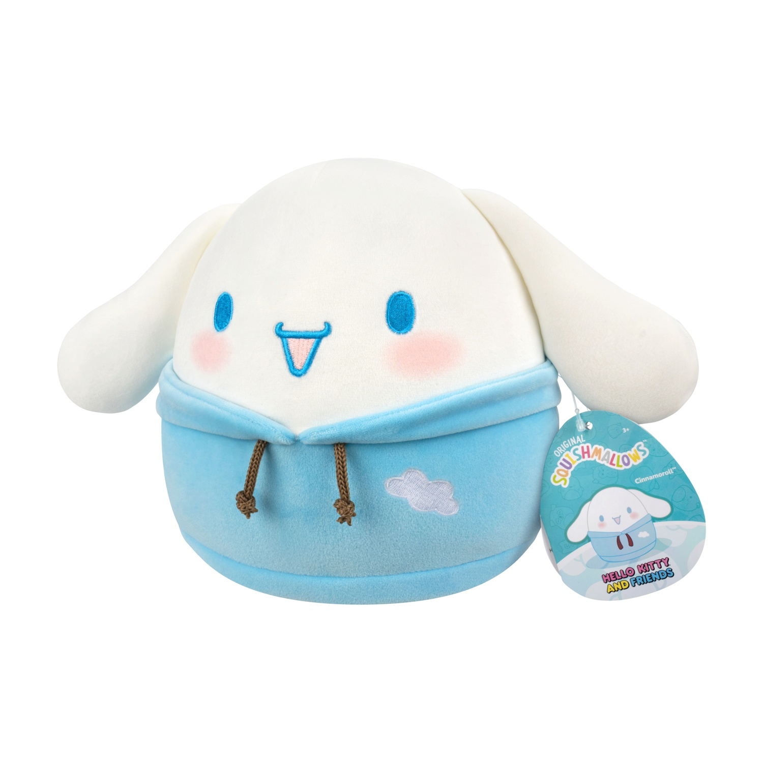 Un peluche bianco a forma di personaggio dei cartoni animati con dettagli blu, che indossa una felpa blu con cappuccio. Ha grandi orecchie e un'etichetta.