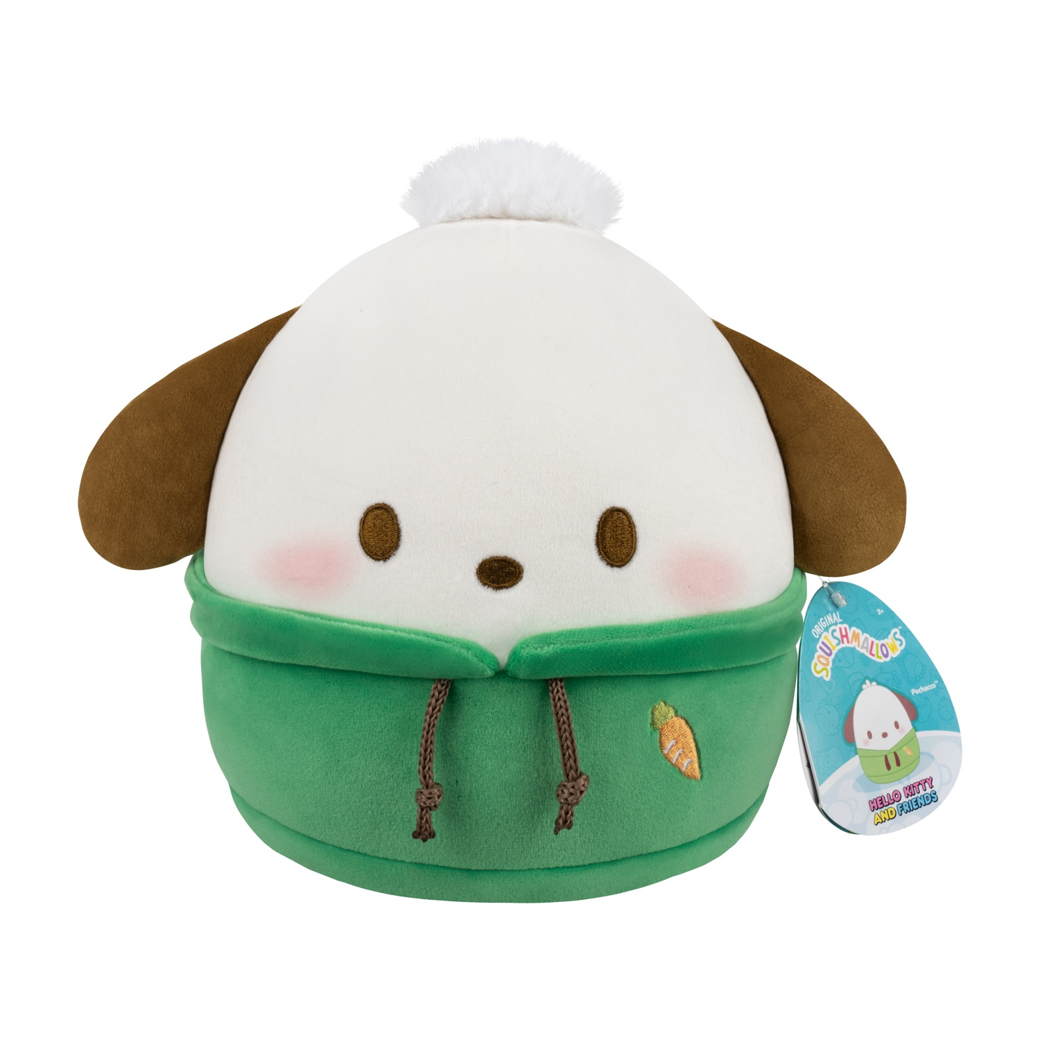 Peluche di Pochacco con felpa con cappuccio verde e cappello bianco. Orecchie e occhi marroni, guance rosa. Un'etichetta dice Hello Kitty and Friends.