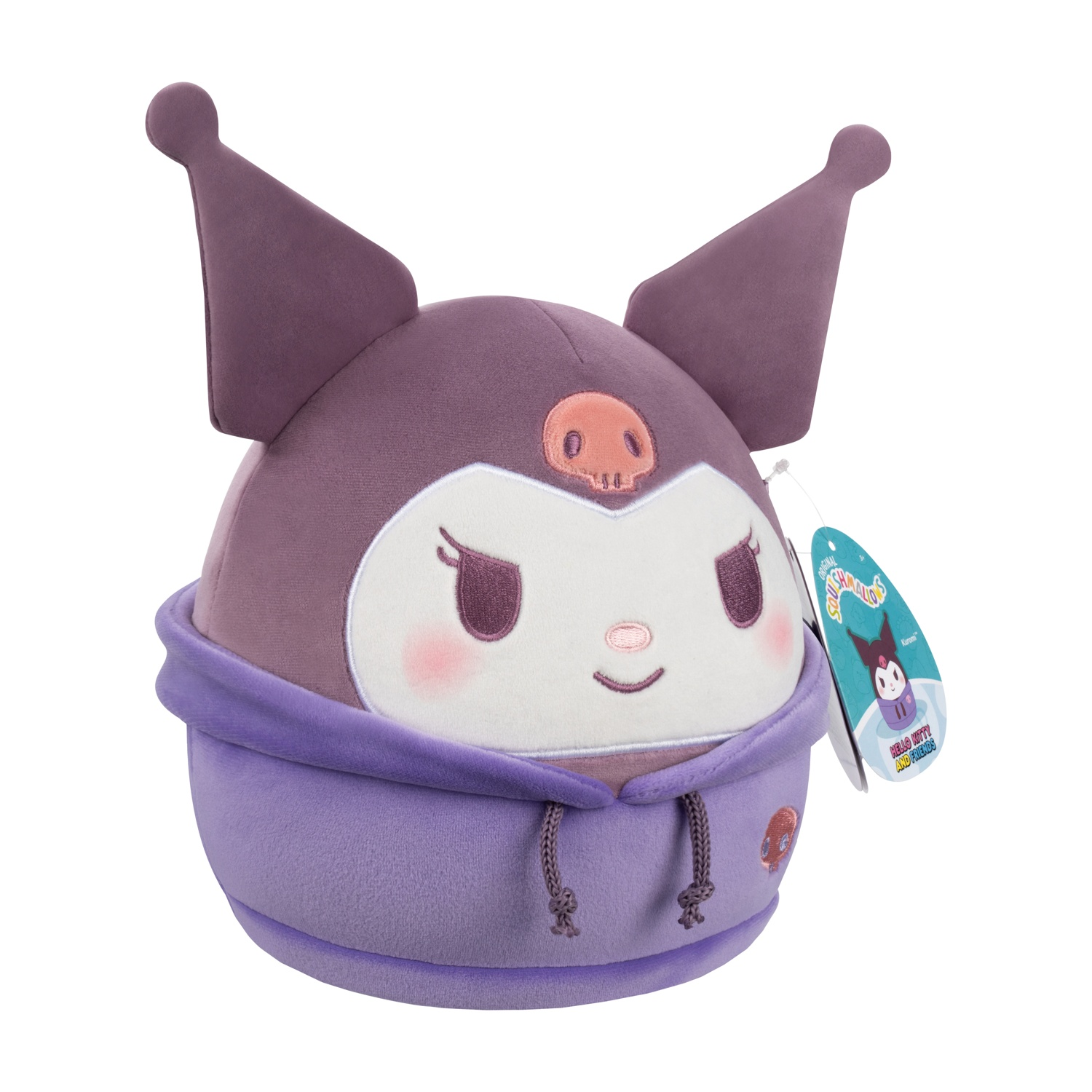 Un peluche di Kuromi, con testa e orecchie viola, una felpa con cappuccio viola e un'etichetta. Il viso è bianco con guance rosa e un piccolo sorriso.