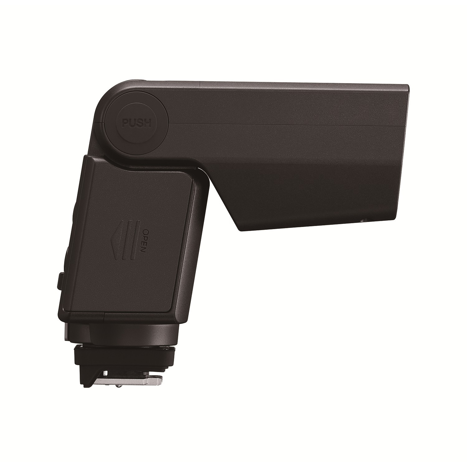 Un flash nero per fotocamera angolato a destra. Ha un pulsante 'PUSH' e un'indicazione 'OPEN'. Lo sfondo è bianco.