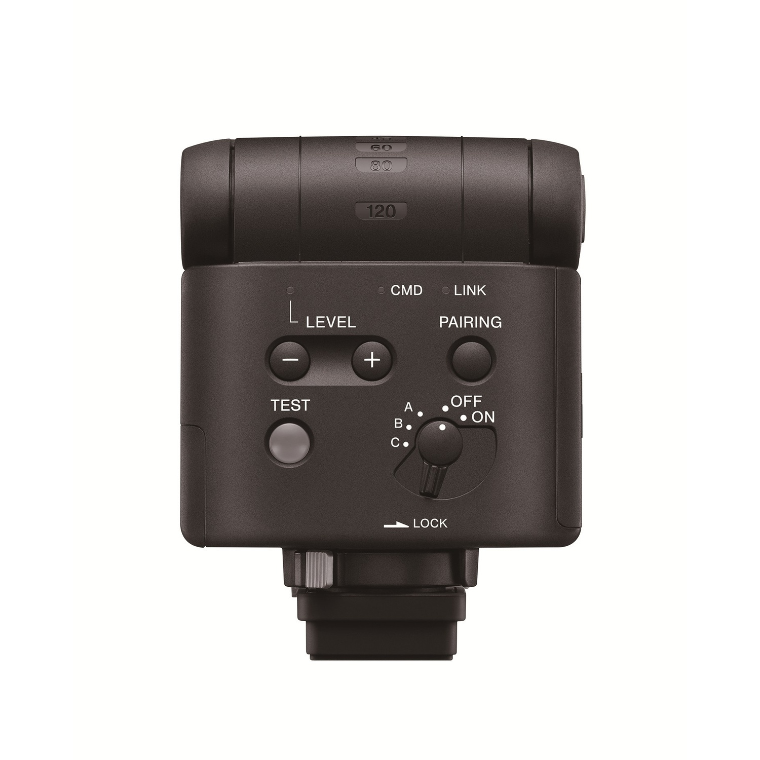 Un flash fotografico nero con pulsanti per livello, test e pairing, e un quadrante per le impostazioni di alimentazione. I numeri indicano la potenza luminosa.