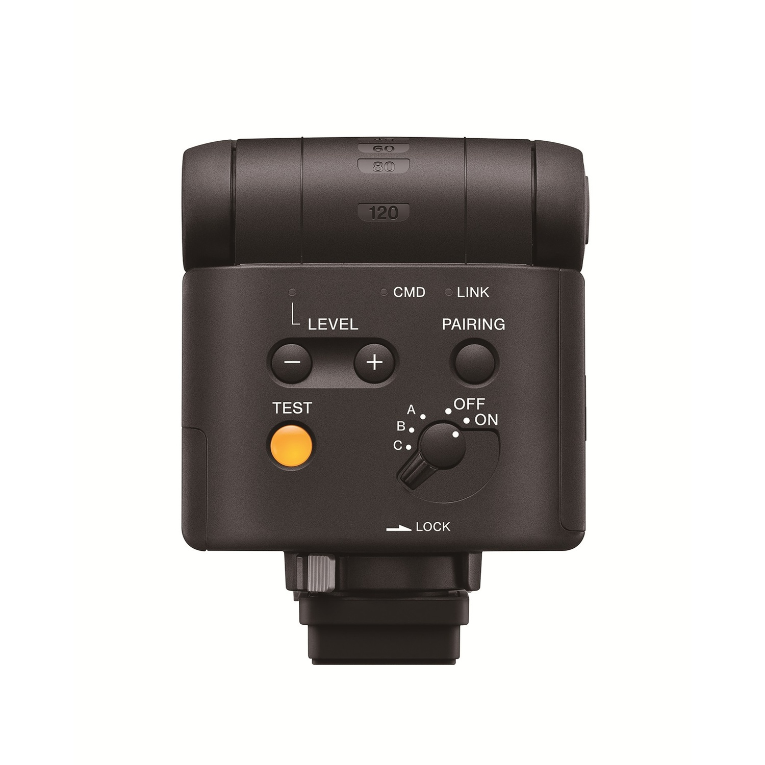Un flash fotografico nero con pulsanti, quadranti e un pulsante di prova arancione. È su sfondo bianco.
