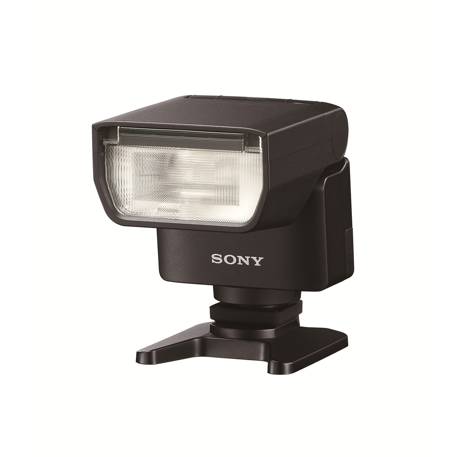 Un flash per fotocamera Sony nero su sfondo bianco. Ha una testa rettangolare con un tubo flash e una base.