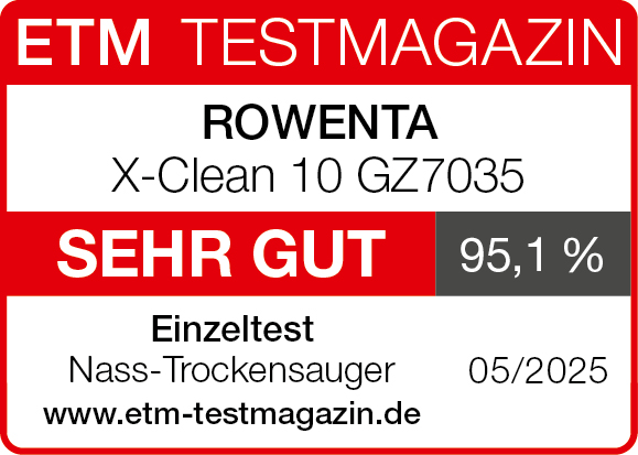 Une couverture de magazine rouge et blanche. Elle présente le Rowenta X-Clean 10 GZ7035, avec une note 'Sehr Gut' de 95,1%.