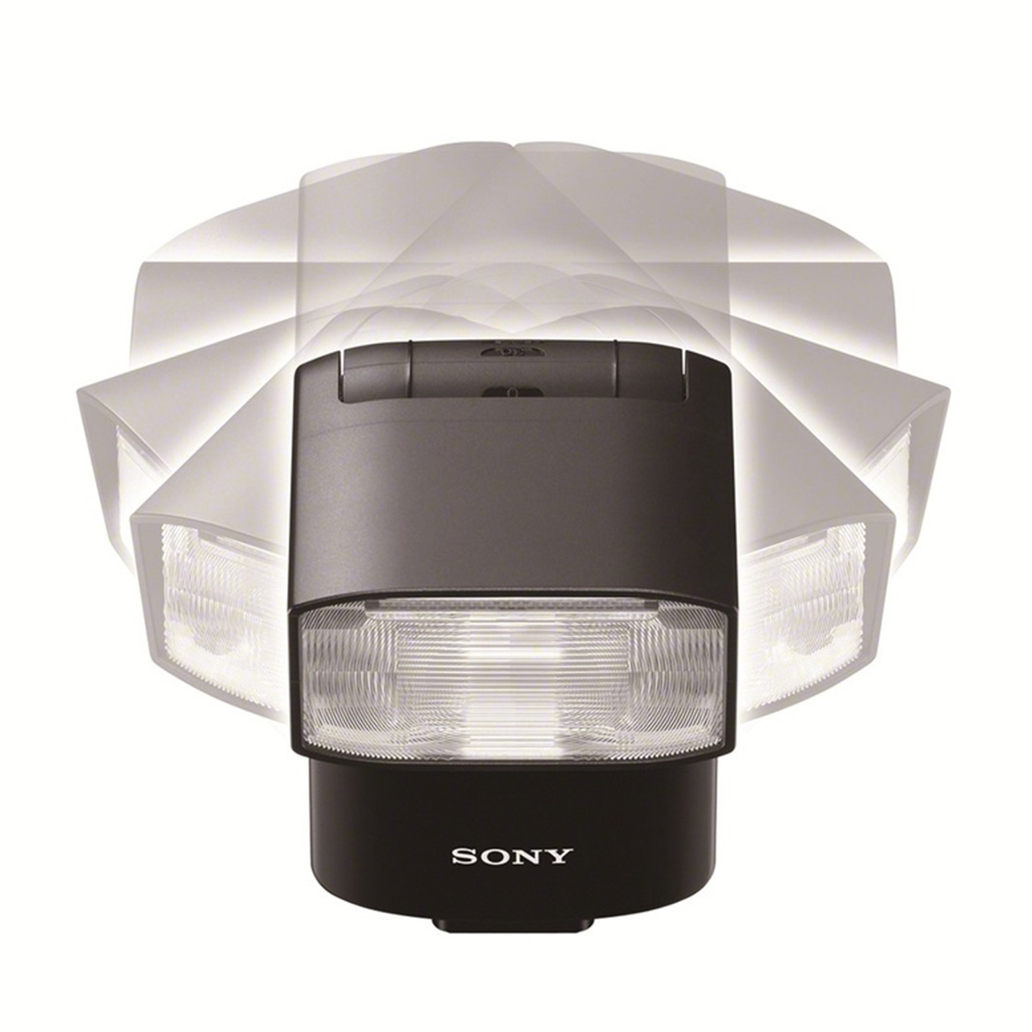 Un flash Sony nero con molteplici scie di luce bianca che si irradiano verso l'esterno. Il flash ha una testa rettangolare e il logo Sony.