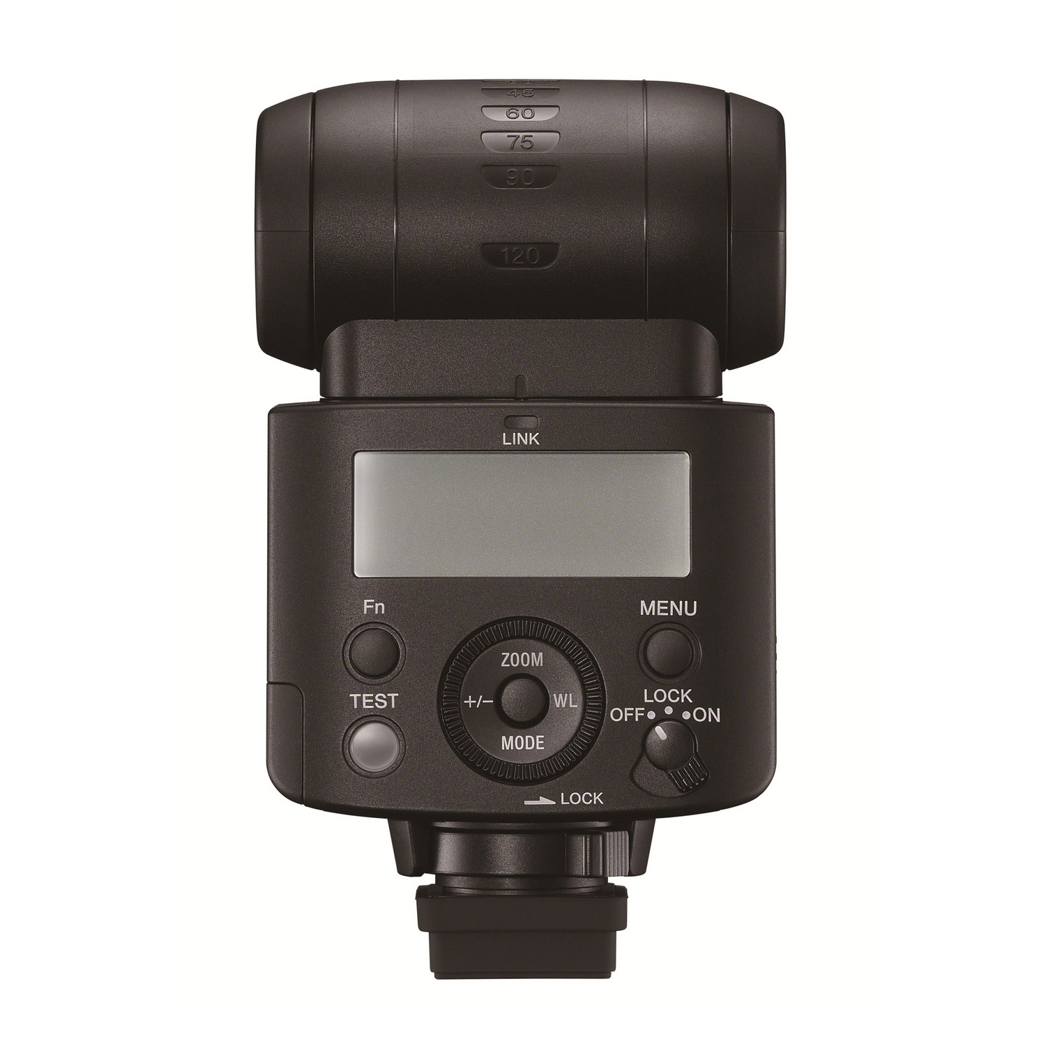 Un flash fotografico nero con pulsanti e uno schermo, etichettato con funzioni come zoom, test e menu. I numeri indicano la portata del flash.