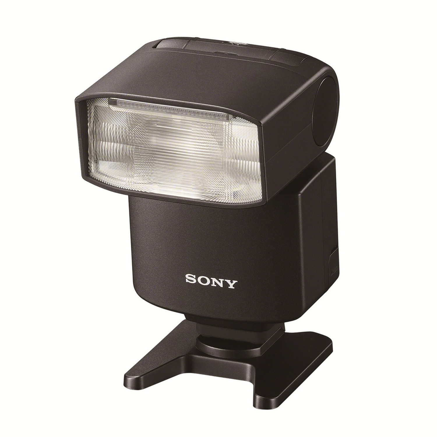 Un flash Sony nero. La testa del flash è angolata verso l'alto. Ha una parte anteriore trasparente ed è montato su un supporto.