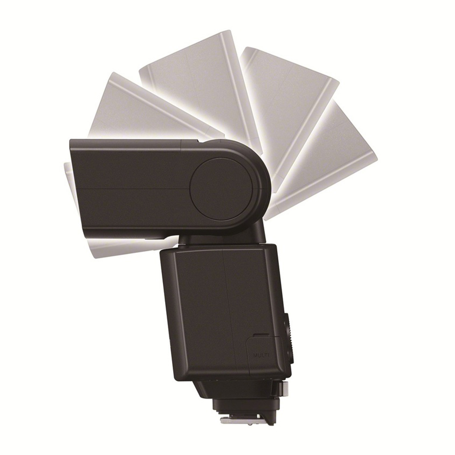 Un flash fotografico nero con effetti di luce grigio chiaro su sfondo bianco. La testa del flash è angolata.