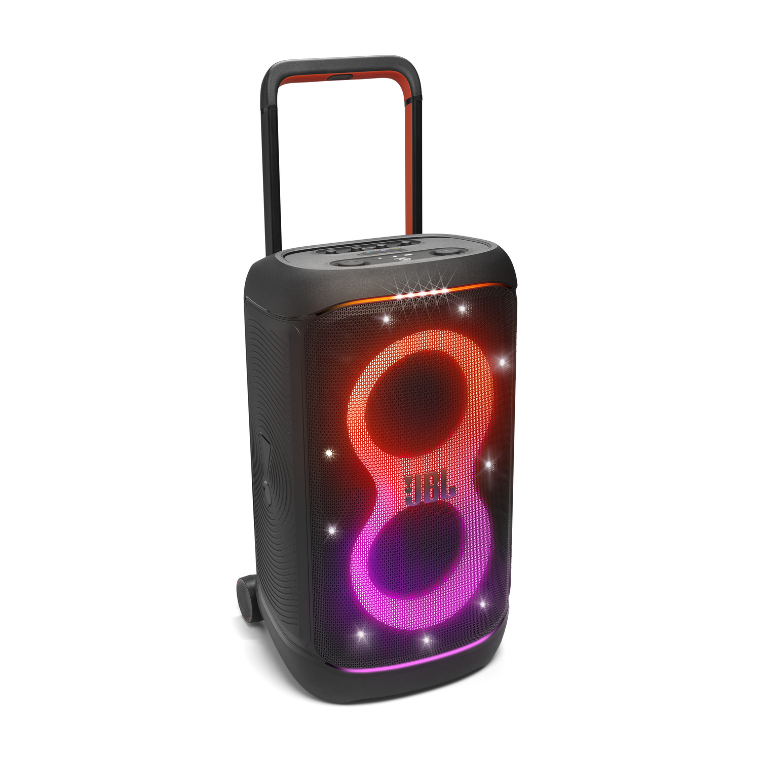 Een zwarte JBL-luidspreker met handvat en wielen. Het heeft een gloeiend achtvormig ontwerp in rood, roze en paars.