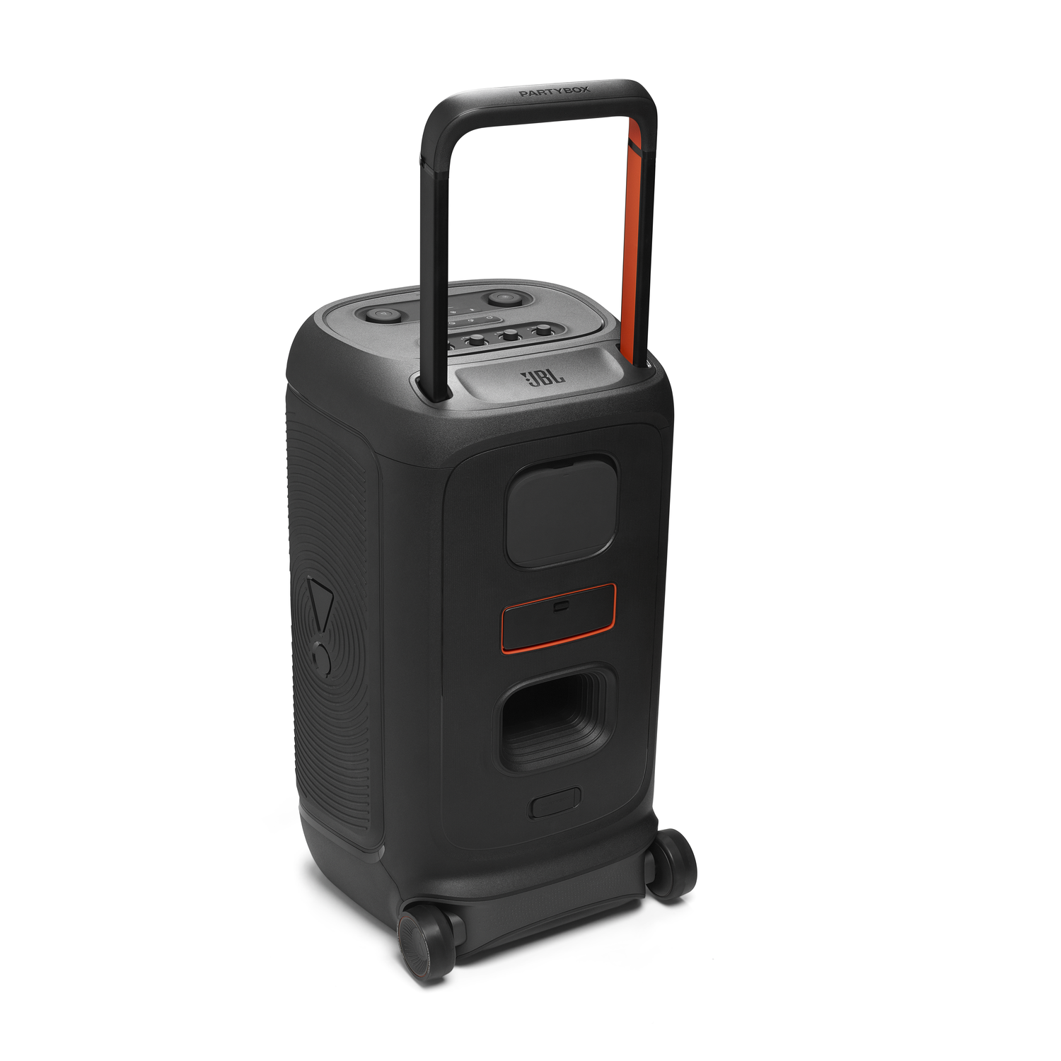 Een zwarte JBL PartyBox-luidspreker met een handvat en wielen. Het heeft oranje accenten en bedieningsknoppen aan de bovenkant. De achtergrond is wit.