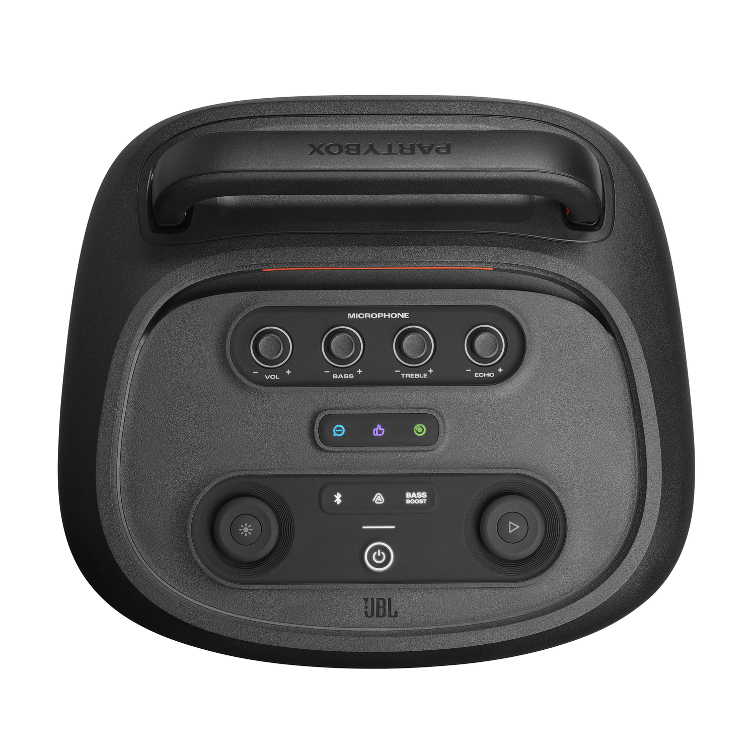 Een zwarte JBL PartyBox-luidspreker met bediening voor volume, bas, treble en echo. Voorzien van een handvat en een aan/uit-knop.