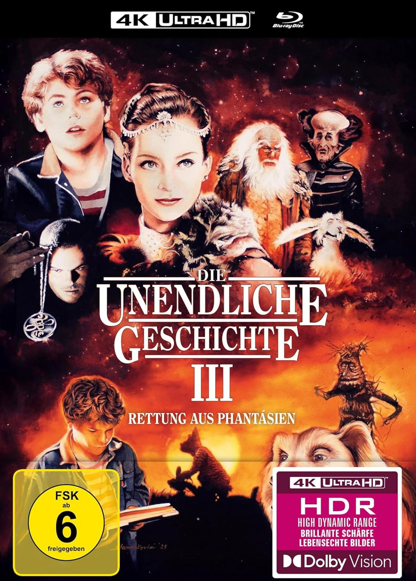 Filmposter für 'Die unendliche Geschichte III.' Zeigt Charaktere, Titel und Logos für 4K Ultra HD, Blu-ray und Altersfreigabe.