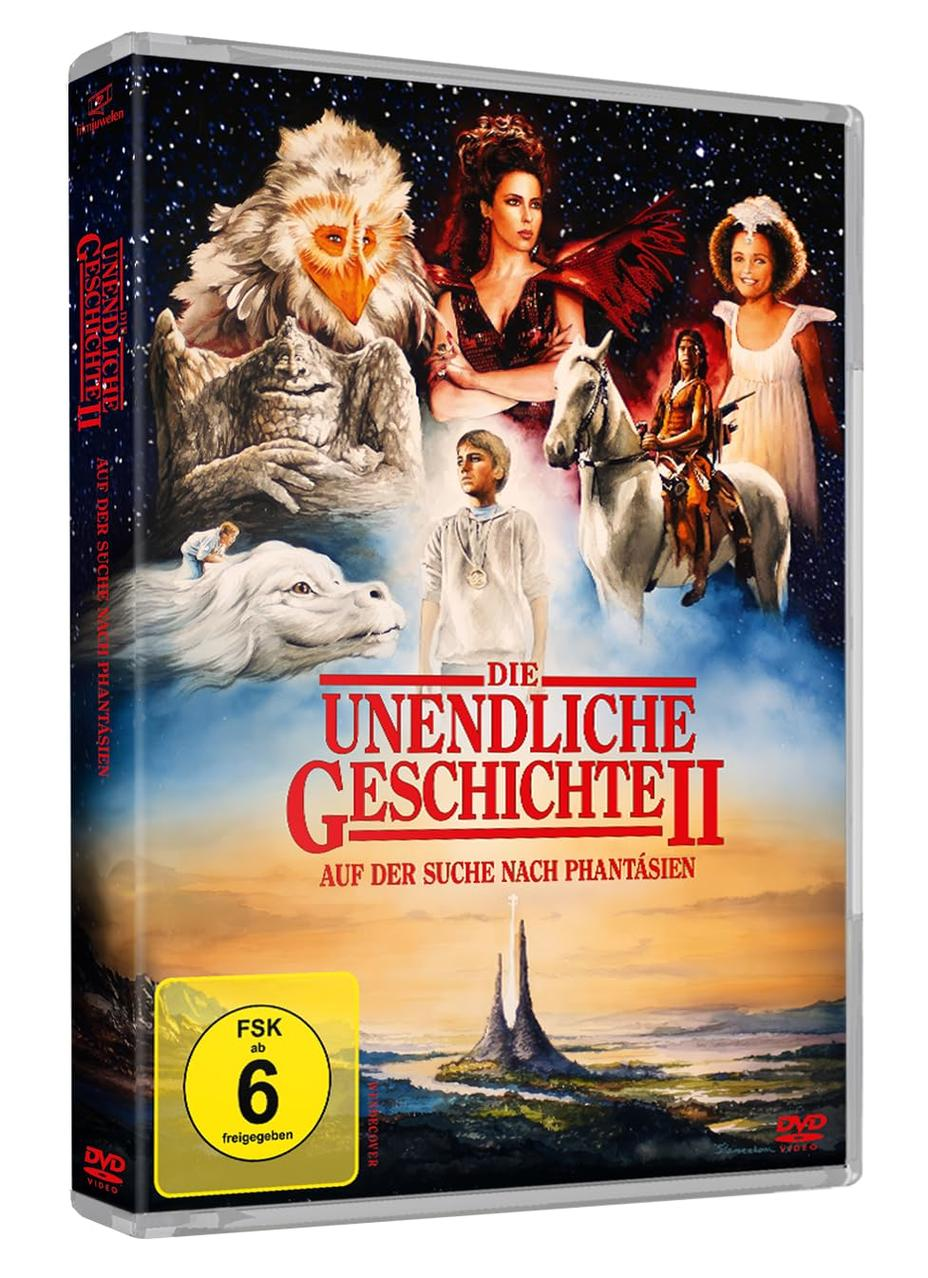DVD-Cover mit fantastischen Figuren: ein weißer Drache, ein Junge, eine Frau, ein Pferdereiter und ein eulenartiges Wesen. Der Titel lautet 'Die unendliche Geschichte II'.