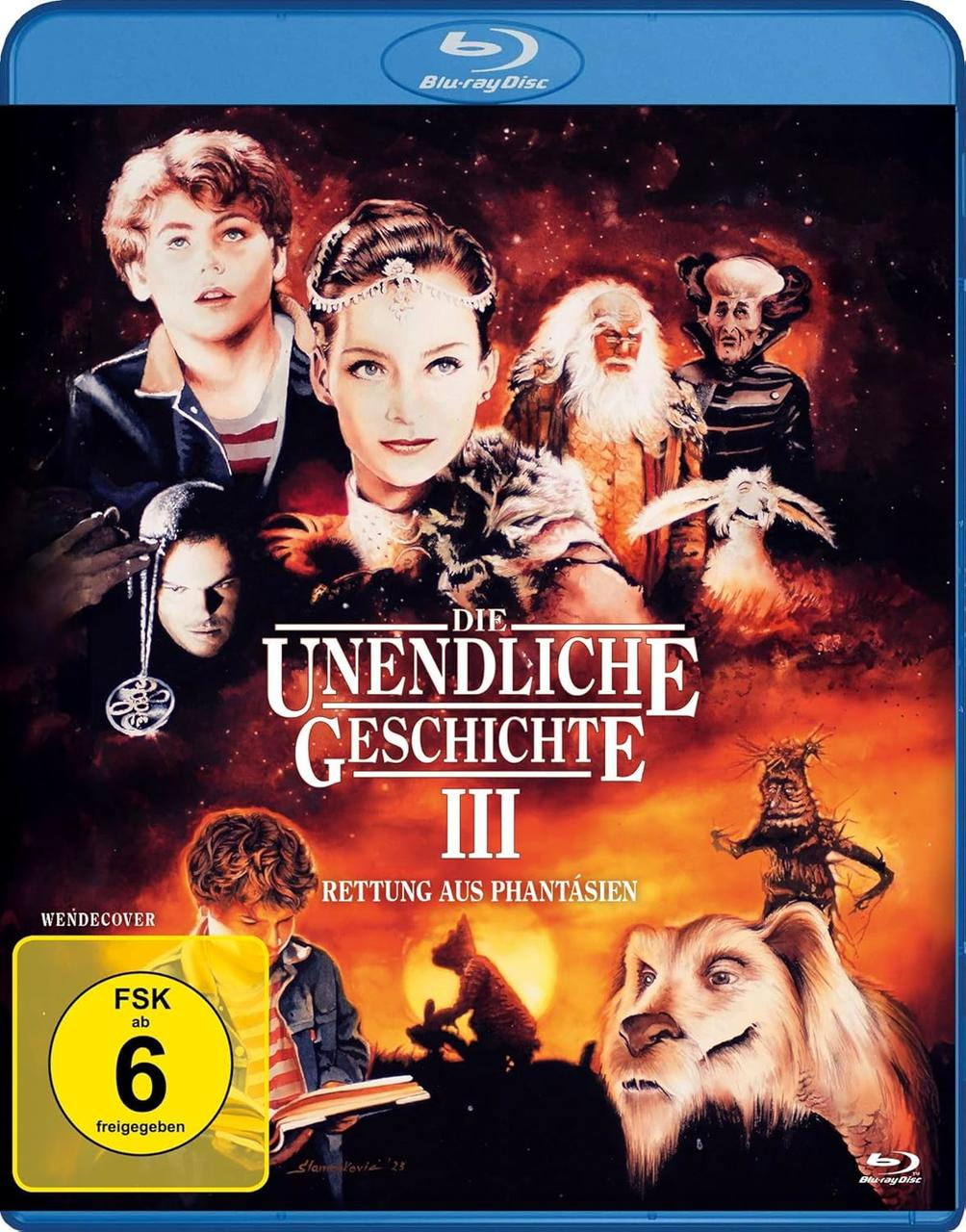Blu-ray-Cover von 'Die unendliche Geschichte III'. Es zeigt Charaktere, ein löwenartiges Wesen und den Filmtitel vor feurigem Hintergrund.
