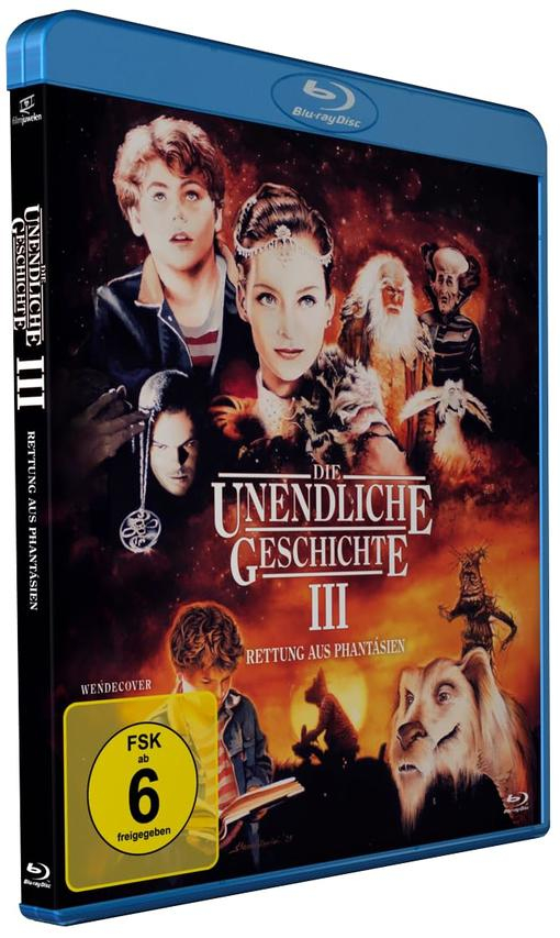 Blu-ray-Cover für Die Unendliche Geschichte III. Enthält Charaktere aus dem Film, Titeltext und Bewertungsinformationen.