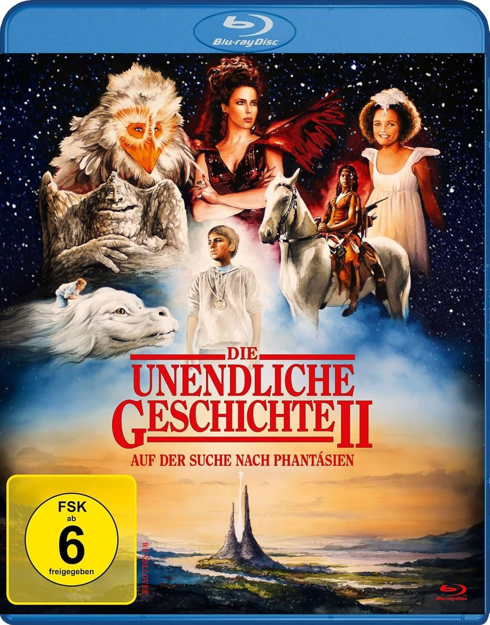 Blu-ray-Cover von 'Die unendliche Geschichte II'. Es zeigt Charaktere und Kreaturen vor sternenklarem Hintergrund, mit deutschem Text.