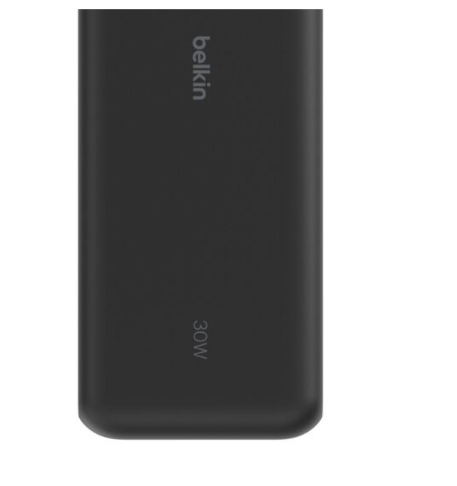 Siyah Belkin powerbank. "Belkin" kelimesi dikey olarak yazılmıştır. "30W" sayısı altta yazılıdır.