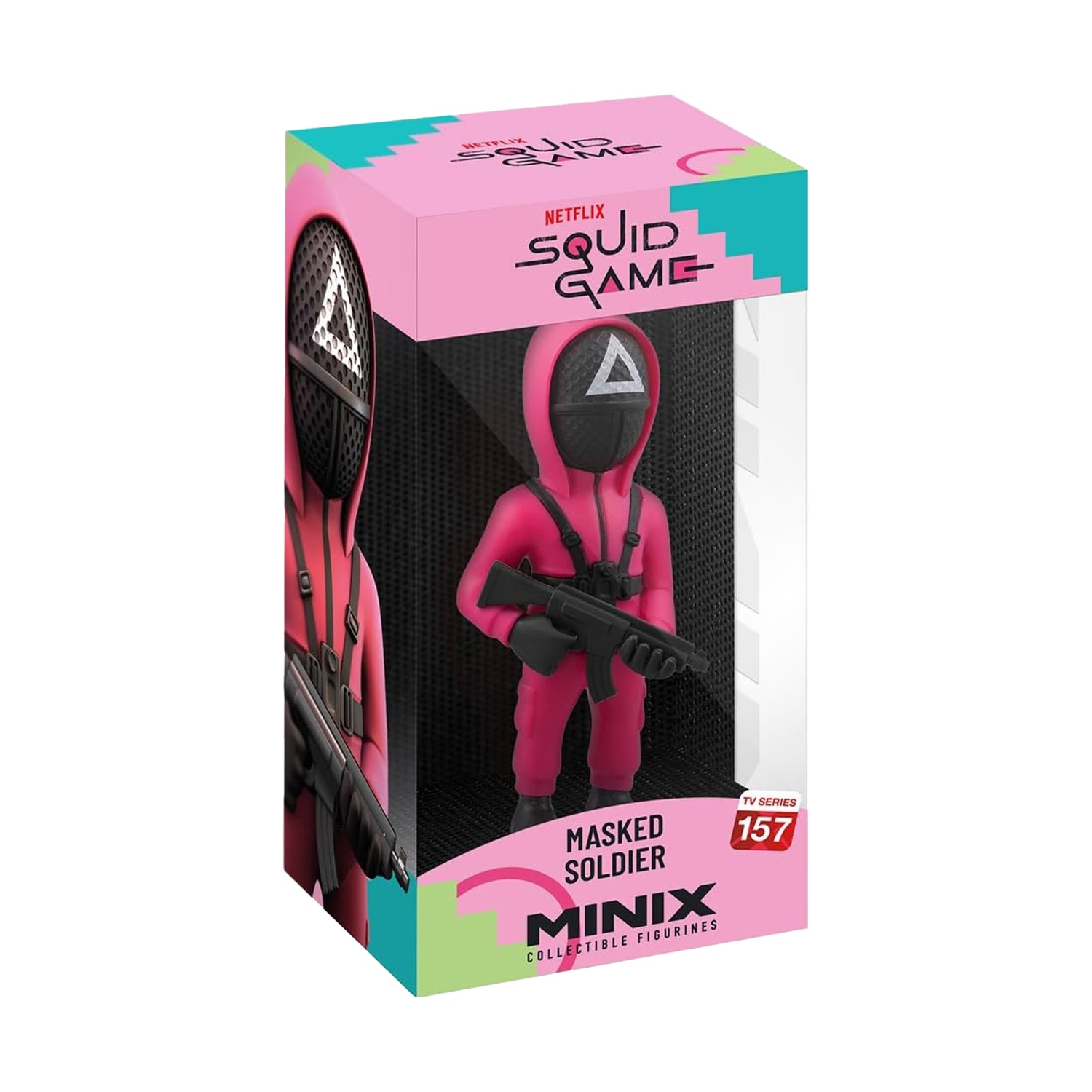 Una statuetta del soldato mascherato di Squid Game in una scatola. È rosa e tiene una pistola nera. La scatola ha il testo: Netflix Squid Game, MINIX, Soldato Mascherato.