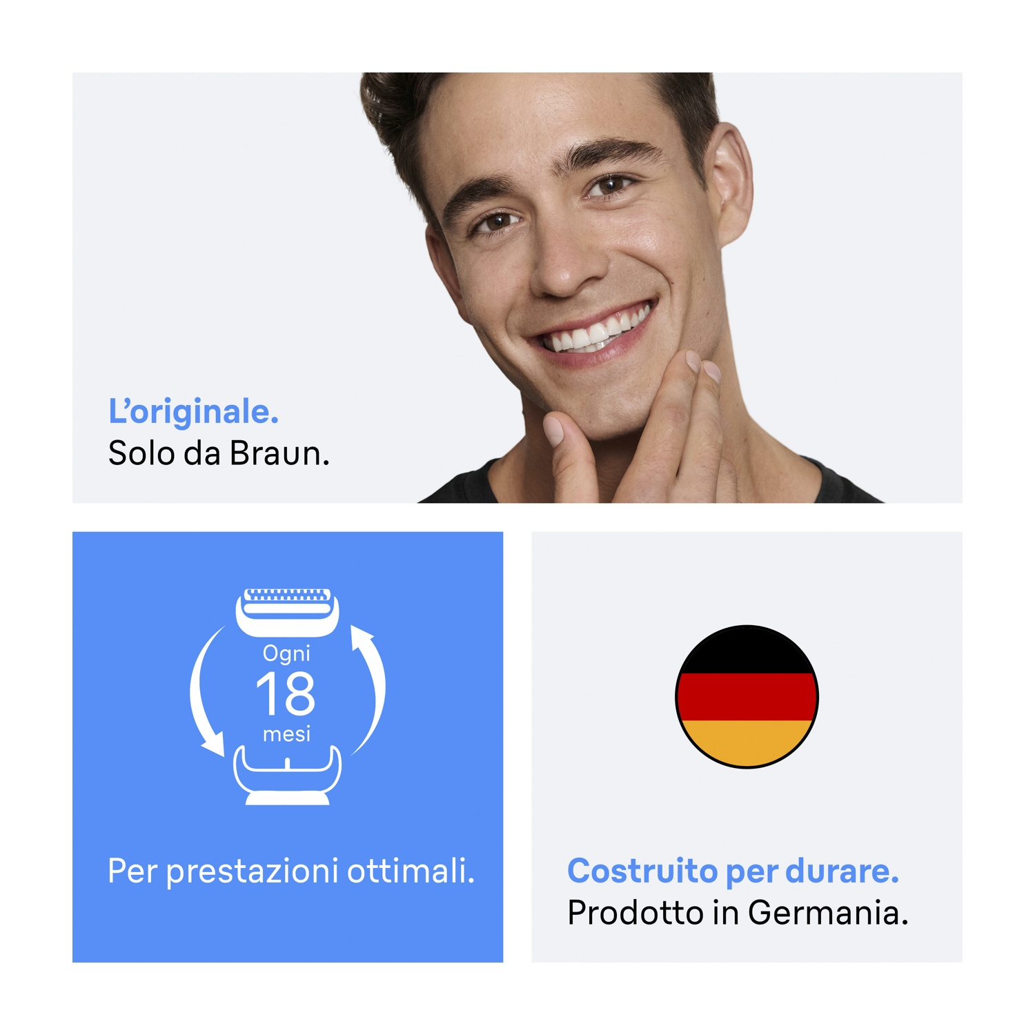Un uomo si tocca il viso, promuovendo Braun. Sotto, un'icona di rasoio da 18 mesi e una bandiera tedesca con testo: 'Made in Germany'.