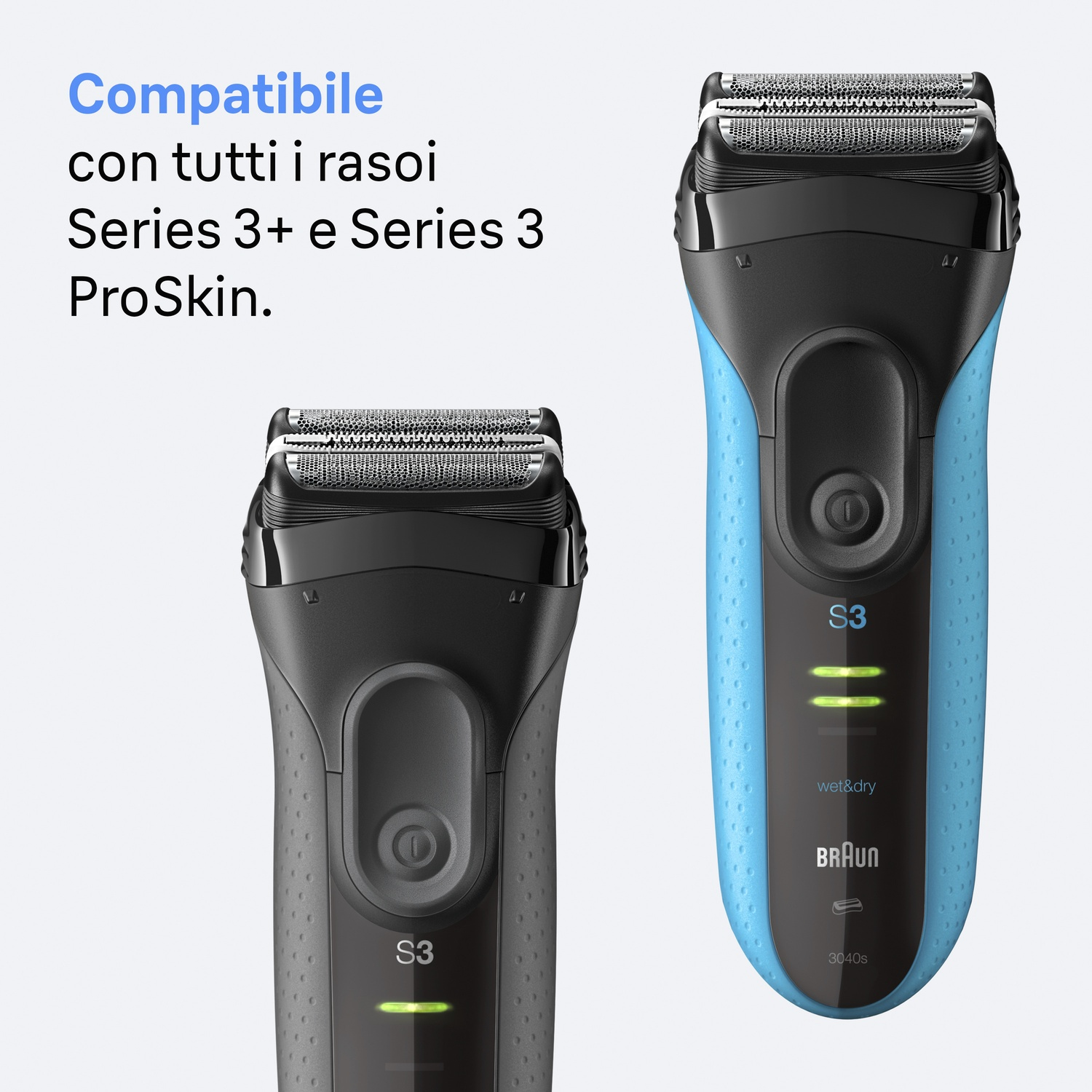 Due rasoi elettrici, uno nero e uno blu, su sfondo bianco. Il testo indica la compatibilità con i modelli Series 3.