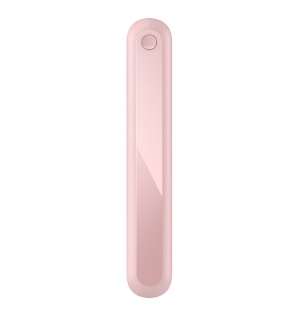 Yuvarlak üst ve alt kısımları olan pembe, uzatılmış bir nesne. Üst kısımda küçük bir daire düğme var. Arka plan beyazdır.