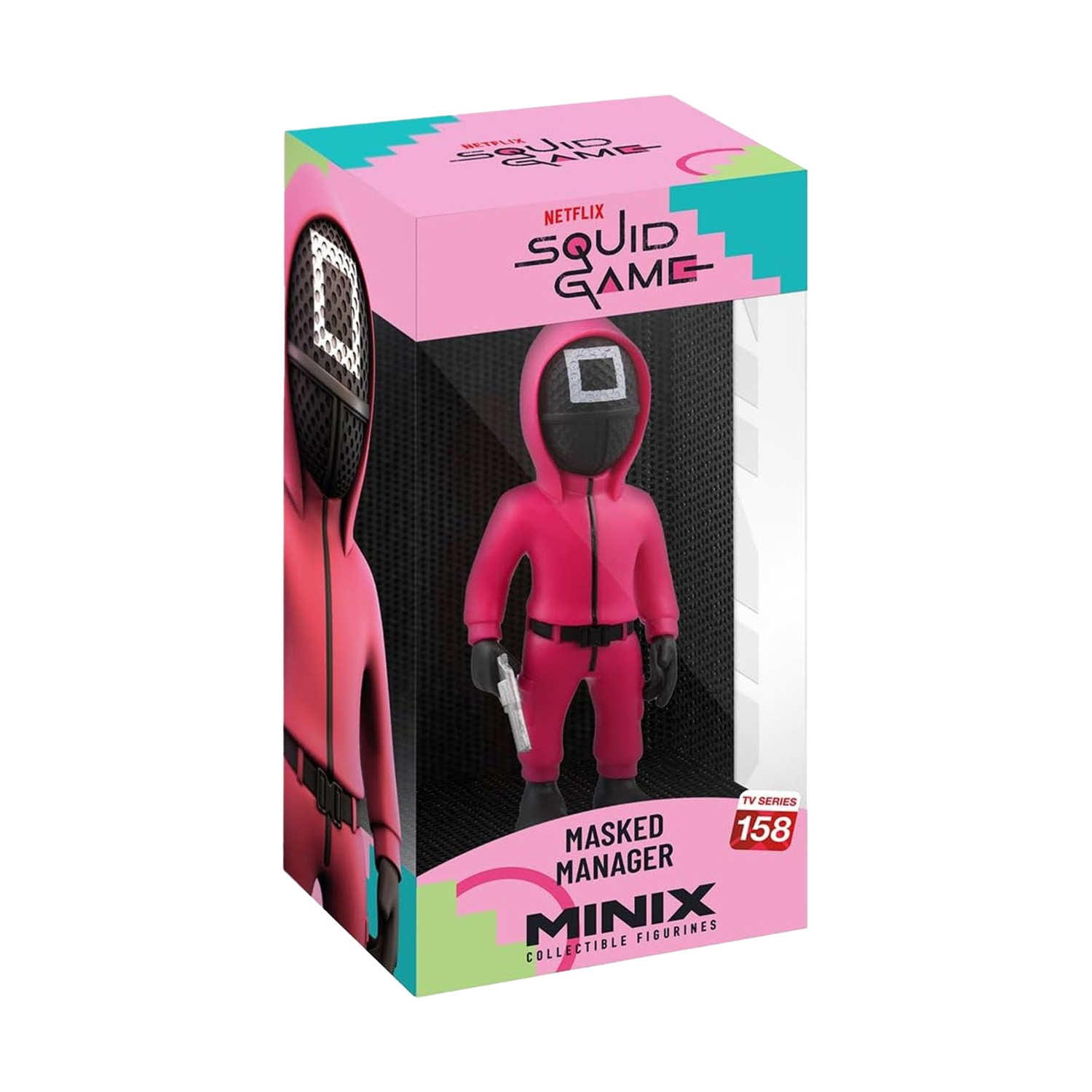 Una figura del manager mascherato di "Squid Game" in una scatola. La figura è rosa e nera con una maschera quadrata. La scatola è rosa con testo.