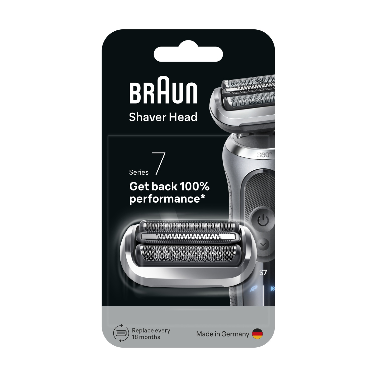 Confezione testina rasoio Braun Series 7. Mostra la testina e il rasoio su sfondo nero e argento. Il testo include 'Testina rasoio' e 'Made in Germany'.