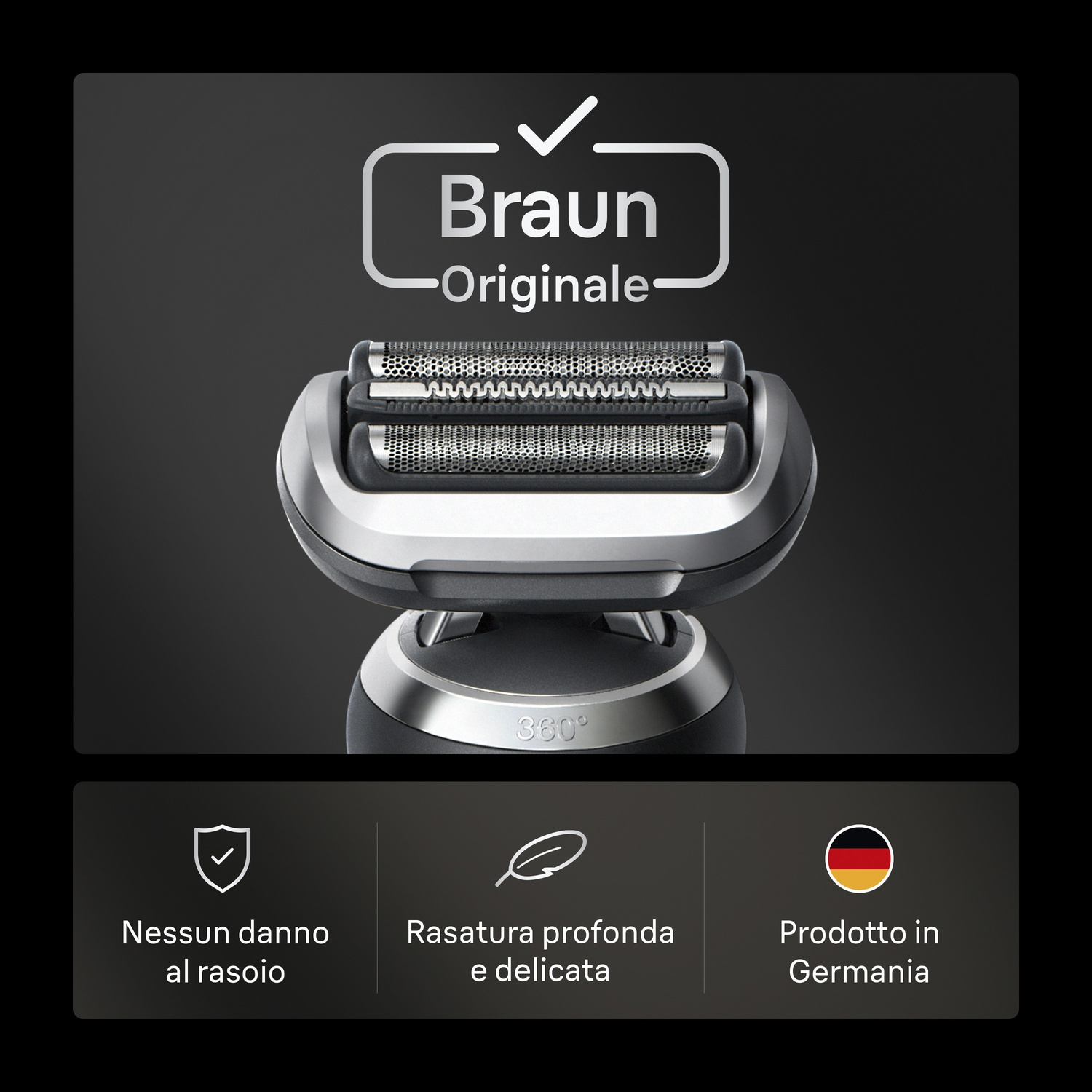 Un rasoio elettrico Braun, con logo e testo in italiano, evidenziando caratteristiche e origine in Germania.