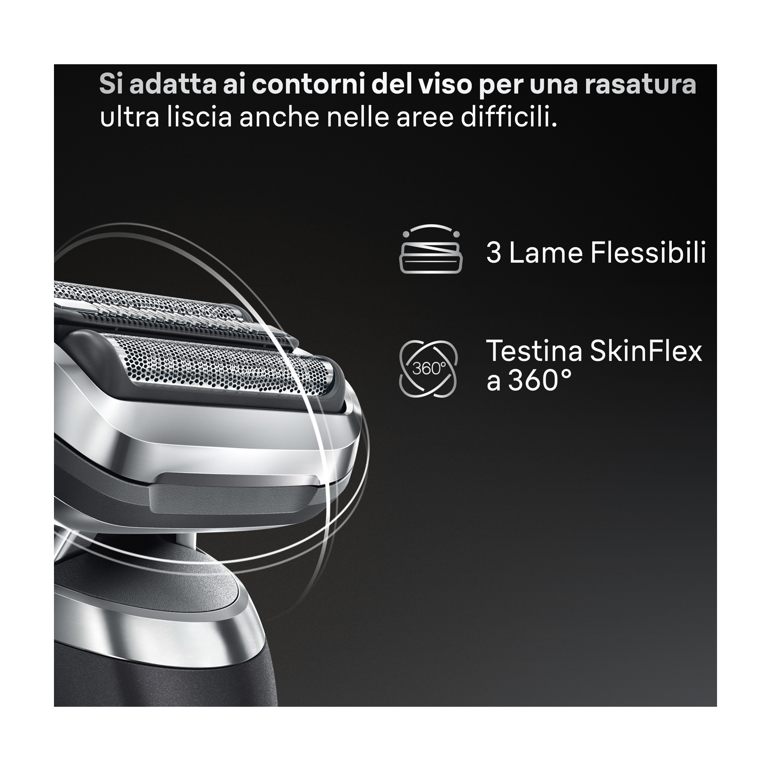 Primo piano di un rasoio elettrico argento e nero. Il testo indica lame flessibili, testina SkinFlex a 360° e rasatura liscia.