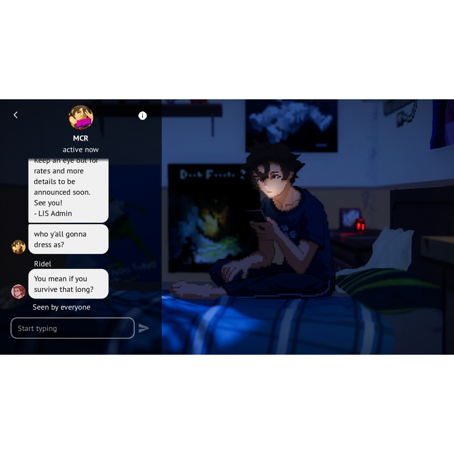 Een gepixeld persoon zit op een bed en kijkt naar een telefoon. Chatbubbels zijn links zichtbaar. Donkere kamer, blauwe en zwarte tinten.