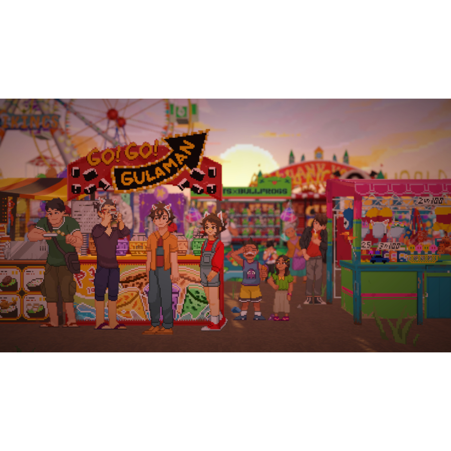 Gepixeleerde kermis. Mensen staan bij kraampjes. Reuzenrad op de achtergrond. Bord 'GO! GO! GULAMAN'. Kleurrijke, levendige sfeer.
