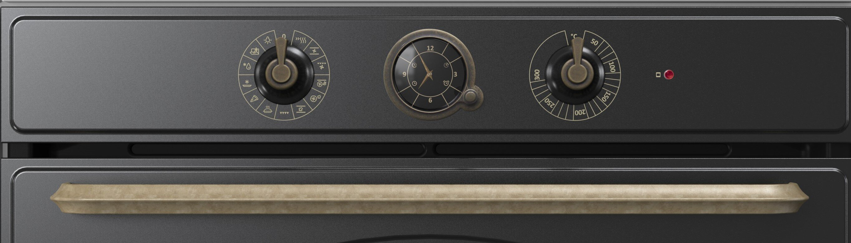 Zbliżenie panelu sterowania piekarnika. Posiada pokrętła, zegar, tarcze temperatury i uchwyt szuflady.