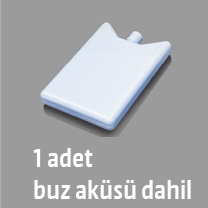 Gri arka planda çıkıntılı nozül ile beyaz dikdörtgen buz aküsü. Metin: '1 adet buz aküsü dahil'.