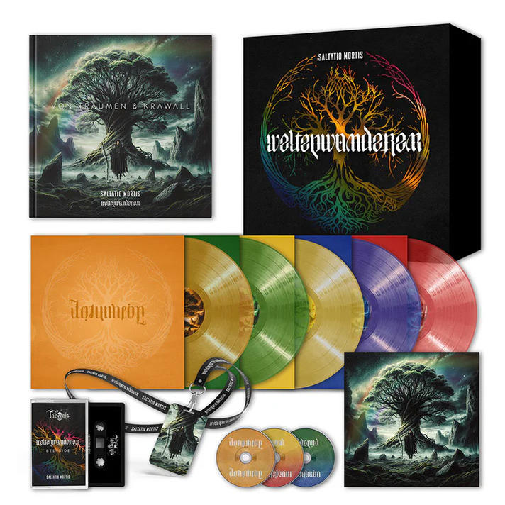 Ein Album-Set mit Buch, Box, Schallplatten, CDs und einer Kassette. Das Artwork zeigt einen Baum und eine Figur in einer Landschaft.