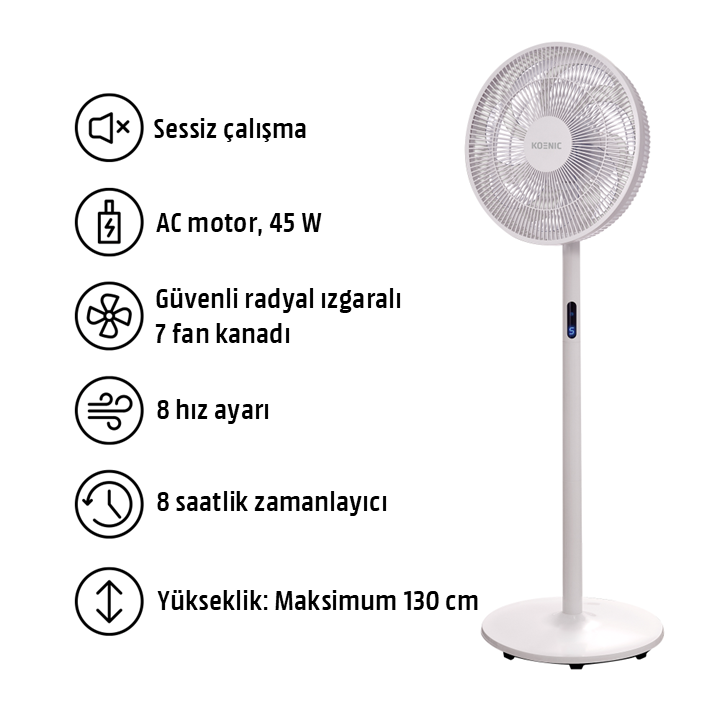 7 kanatlı, 8 hız ayarlı, 8 saat zamanlayıcılı beyaz ayaklı vantilatör. Güvenlik ızgarası ve AC motoru var.