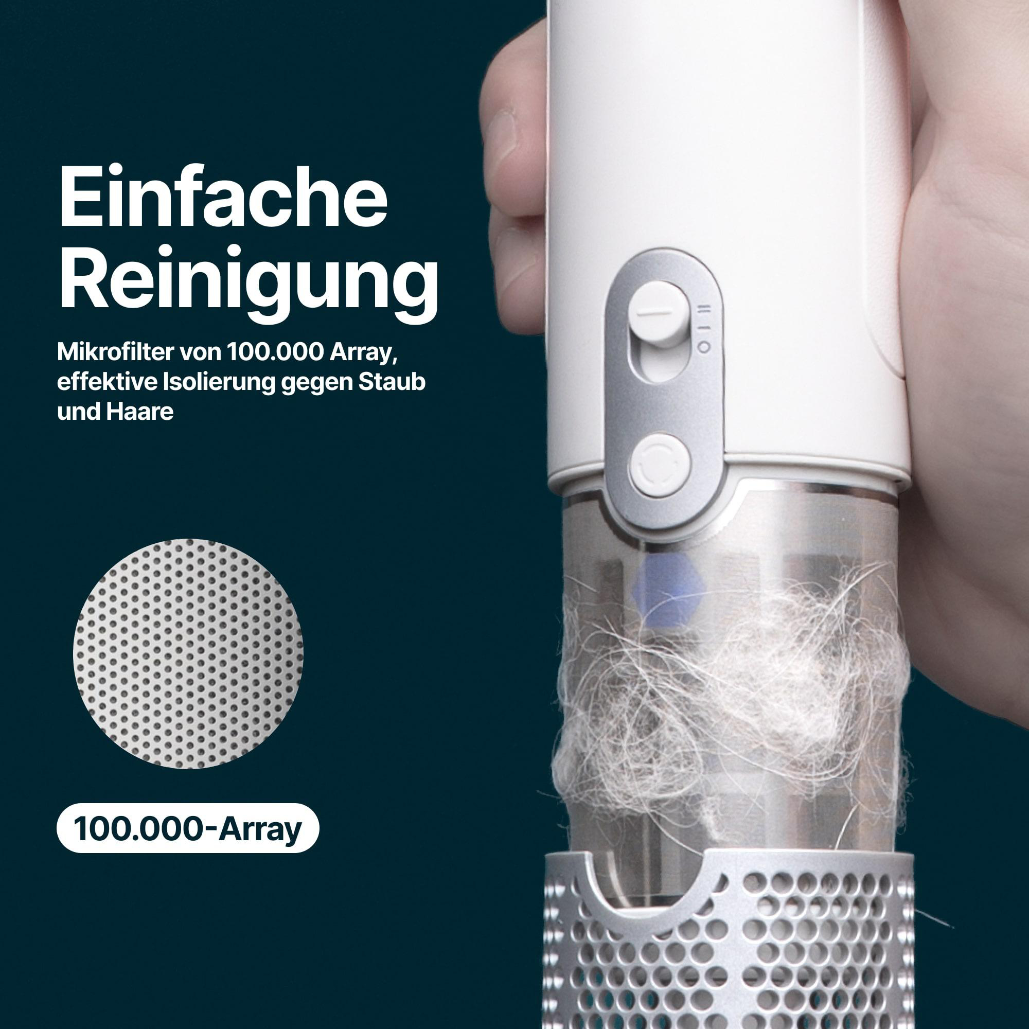 Ein weißer Handstaubsauger mit einem transparenten Fach voller Haare. Text sagt 'Einfache Reinigung'.
