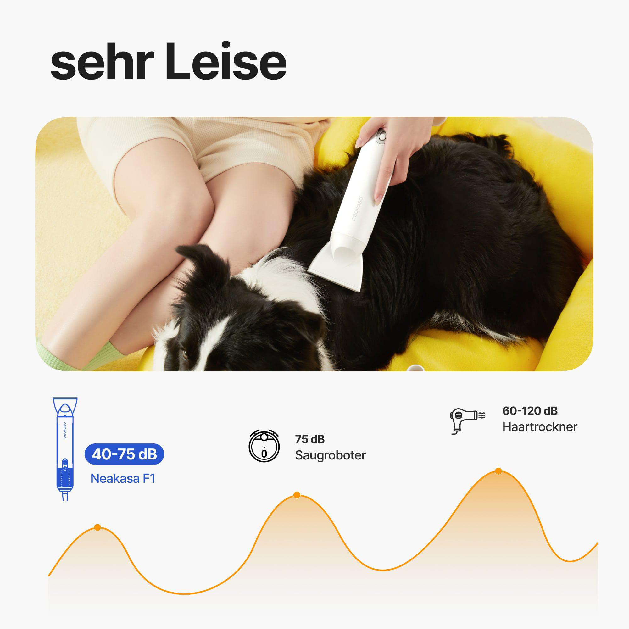 Eine Person pflegt einen schwarz-weißen Hund mit einem weißen Pflegegerät. Der Hund liegt auf einem gelben Bett.